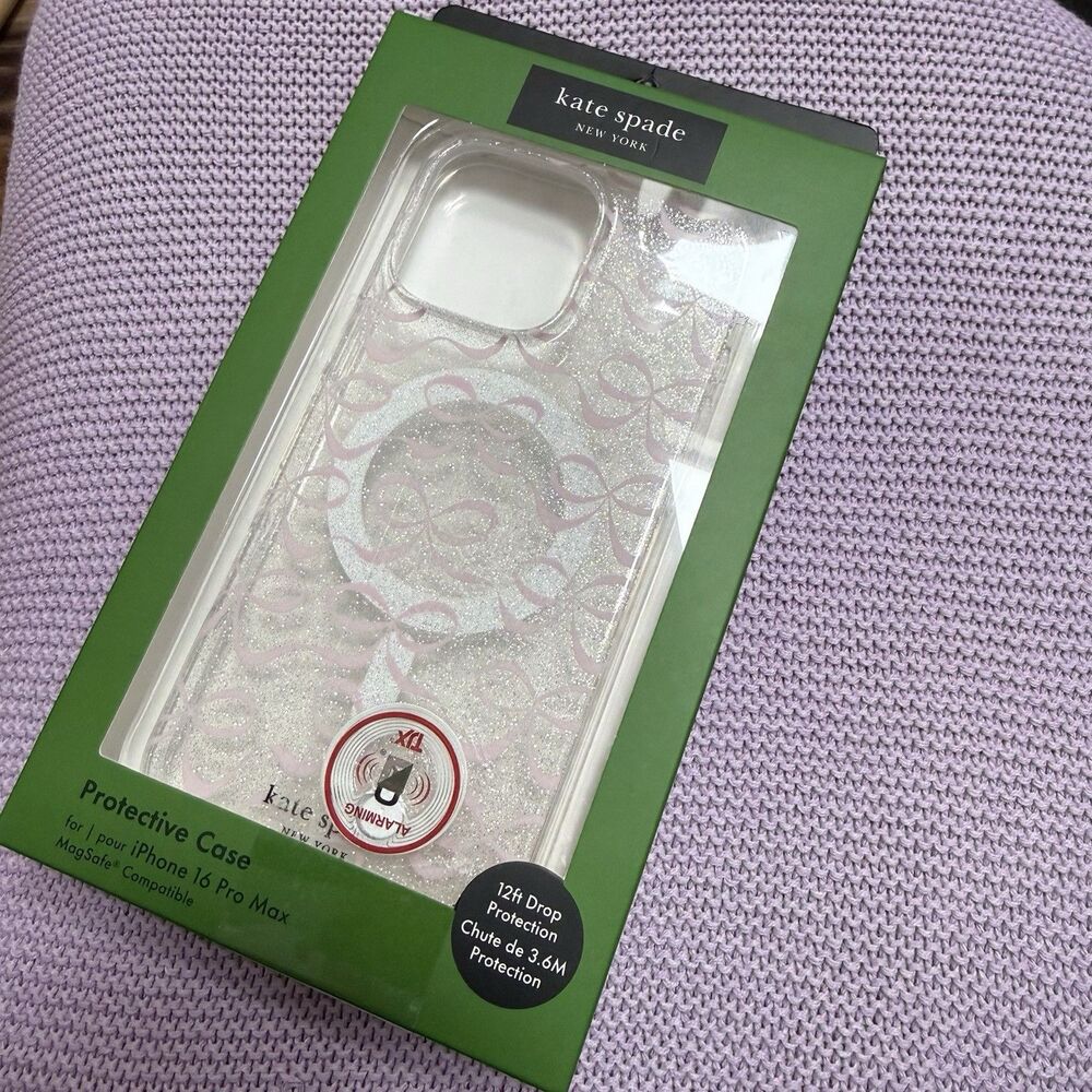New! Kate Spade Protective CASE iPhone 16 PRO MAX Clear Glitter Pink Bow MagSave